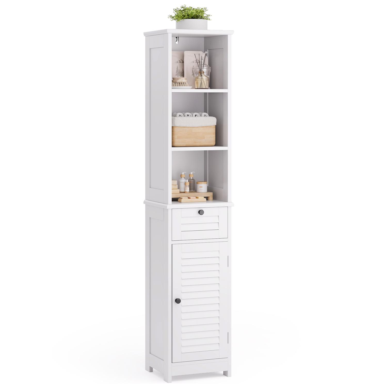Bealife Badezimmerschrank weiß – 6 Regale mit Kippsicherung, 34x30x162 cm | Schmal für Mietwohnungen AP02