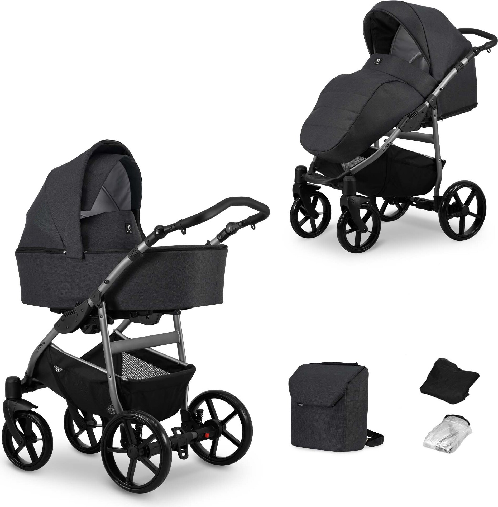 Kinderwagen MATA Sportwagen Babywagen Babyschale Komplettset Kinder Wagen Set 2 in 1 (graphite, Rahmenfarbe: Graphite)