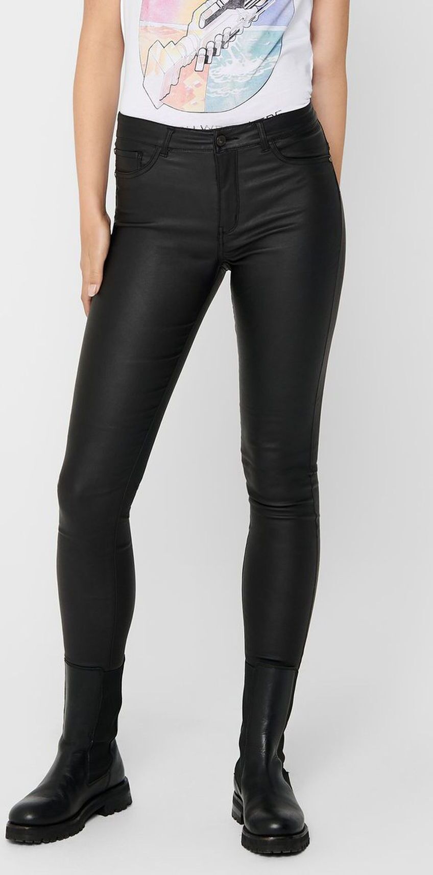 Jacqueline de Yong JDY Damen Hose Leder Optik Coated Denim Skinny Pants SWEATY | S / 32L ED - SWEATY