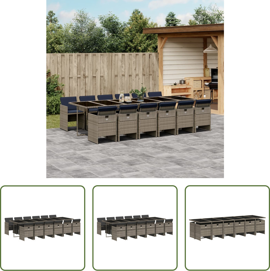 The Living Store 13-dielny záhradný jedálenský set s vankúšmi sivý polyratan