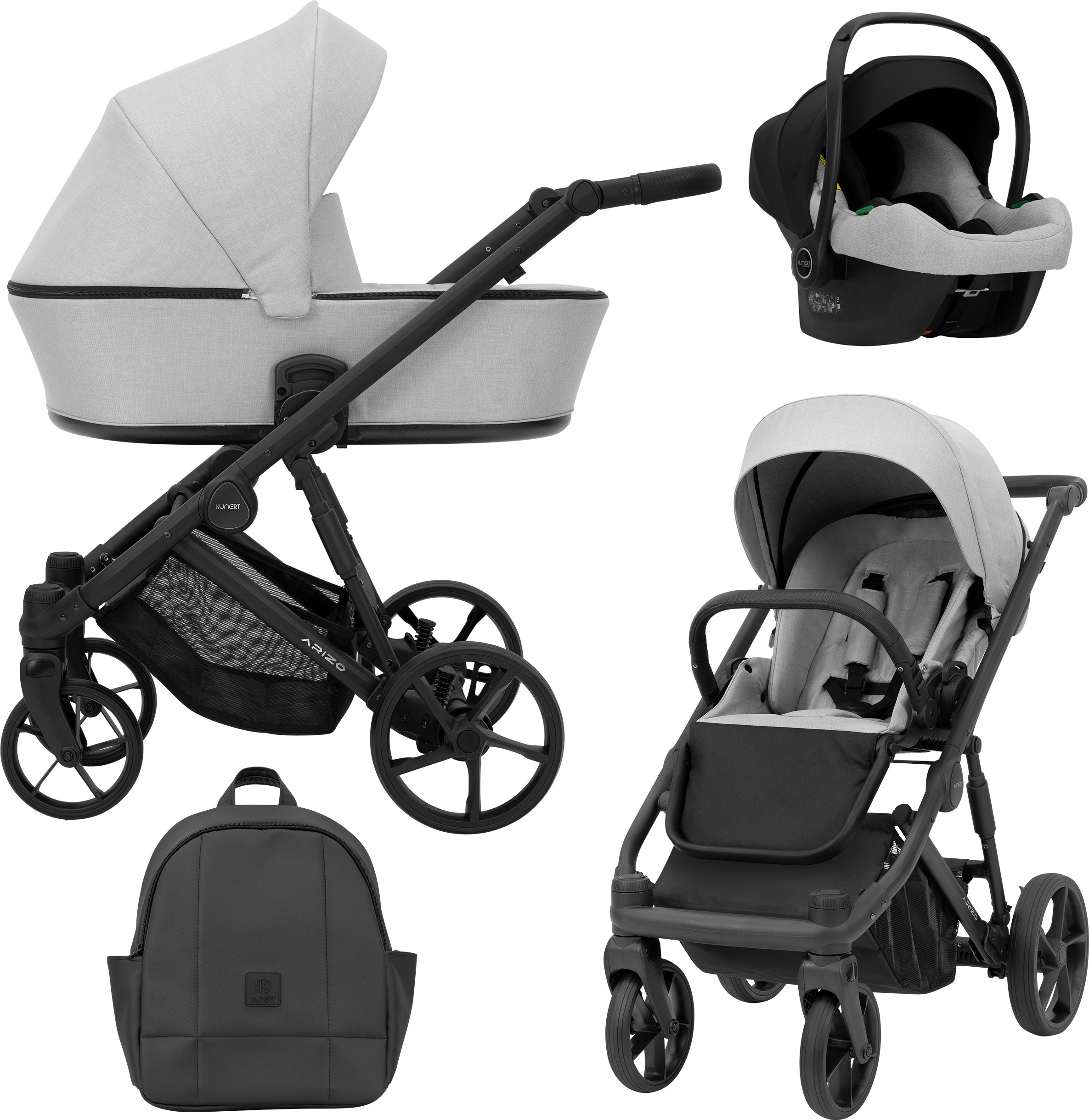Kunert Kinderwagen ARIZO Sportwagen Babywagen Babyschale Komplettset Kinder Wagen Autositz Set 3 in 1 (Grey, Rahmenfarbe: Schwarz)