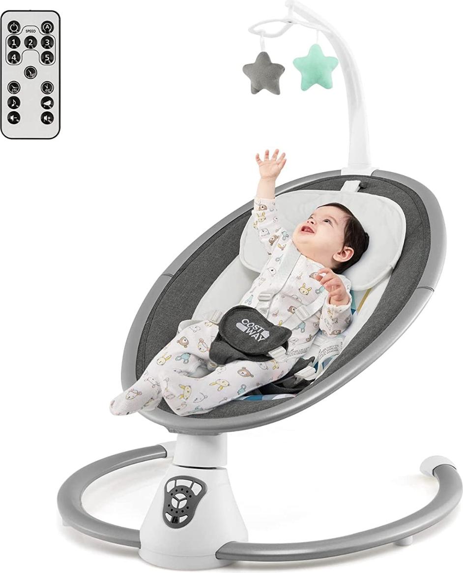 Northix Elektrische Babyschaukel Babywippe mit 5 Schaukelstufen 65,5 x 71,5 x 76 cm Grau