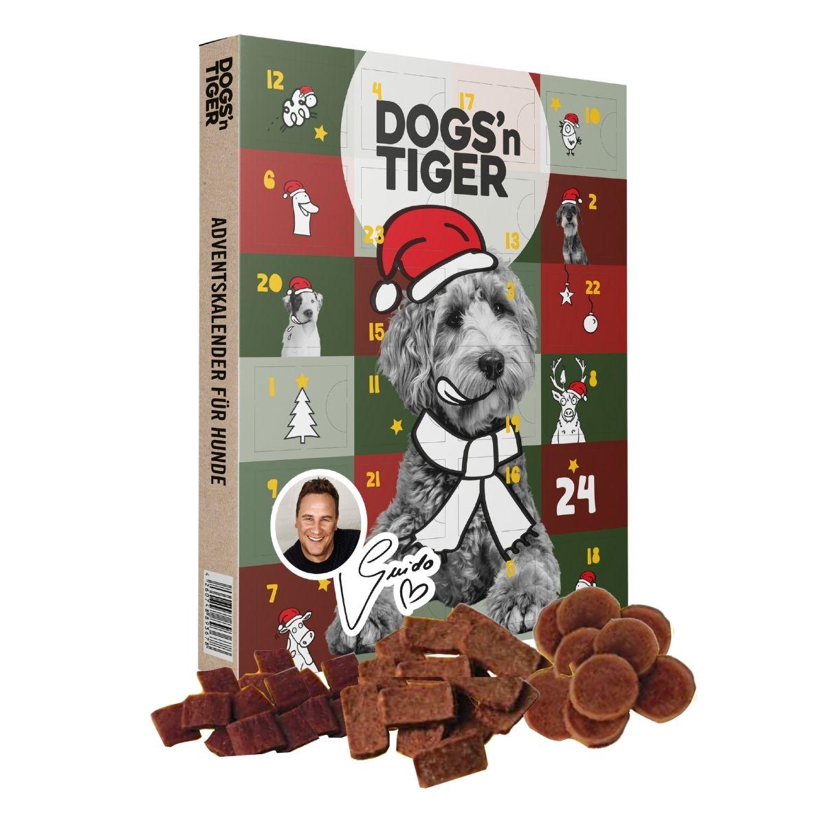 Dogs'n Tiger- Guido Maria Kretschmer Dogs - Adventný kalendár 2025, vianočný darček, psie pochúťky, kačice, kuracie mäso a losos, vianočný kalendár, advent