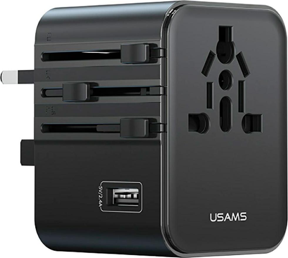 Cestovný adaptér Usams Cc308 Usb-C + Usb-A 17W 4-v-1 sieťová nabíjačka Us/Au/Eu/Uk čierna