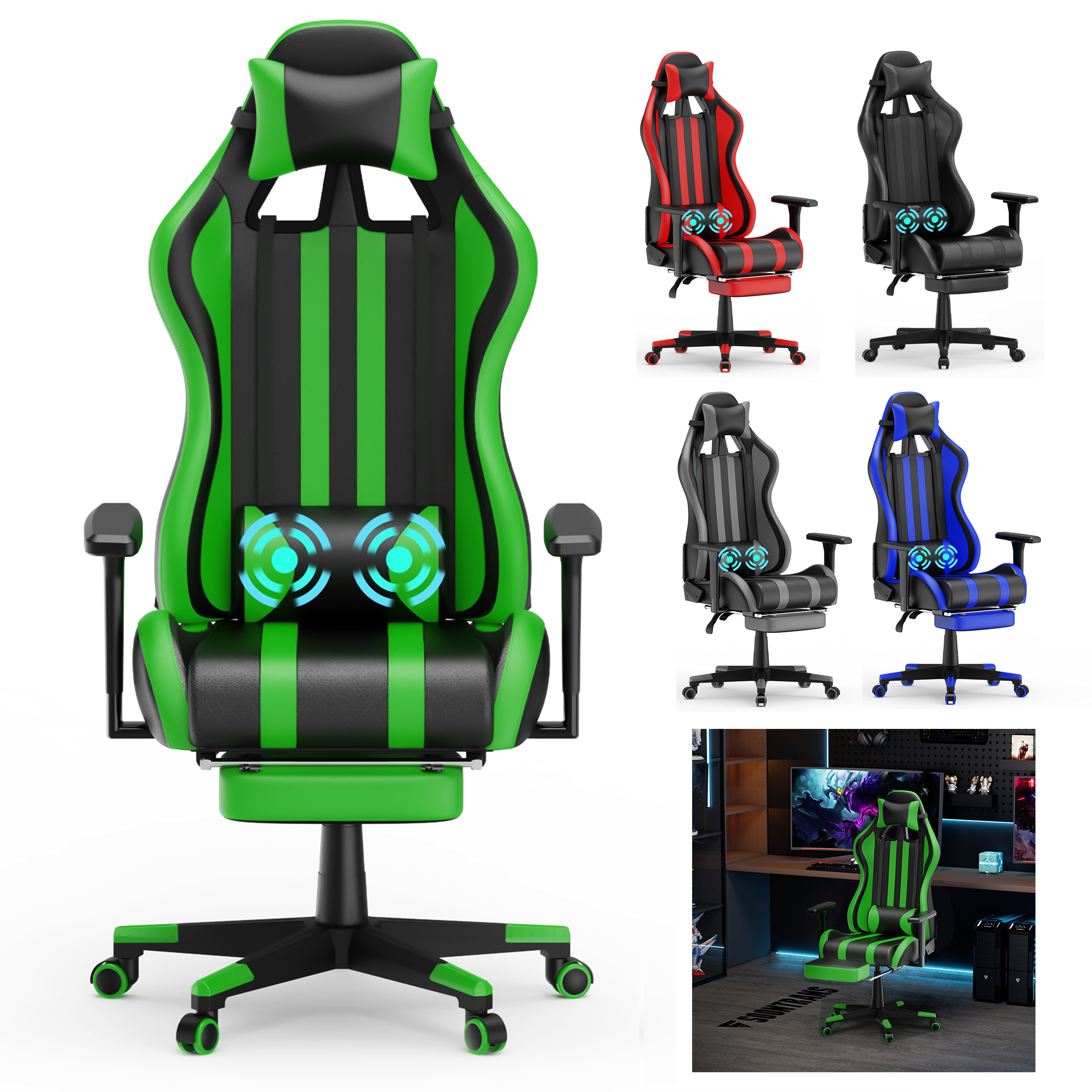 Masážna herná stolička LZQ ergonomická kancelárska stolička s nastaviteľným bedrovým vankúšom, opierkou nôh a hlavy, nosnosť 130 kg, zelená
