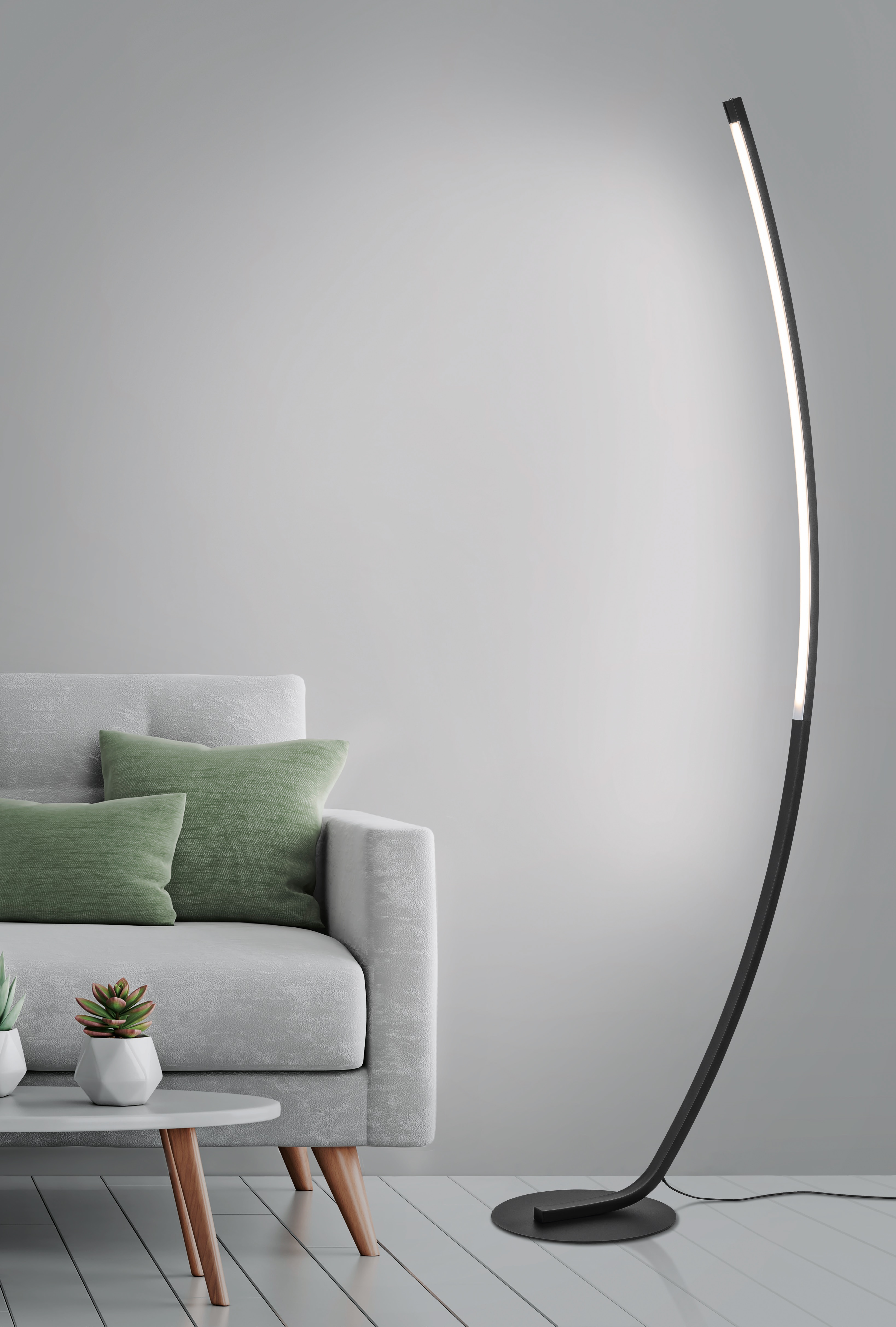 Trango 1525A Stufenlos dimmbar Stehlampe in Anthrazit-Optikt 15 Watt – 1300 Lumen – 3000K warmweiß LED Modul Serie *ARC* Höhe: 150cm Standlampe - Wohnzimmer Leuchte mit weißes satiniertes Lampenschirm