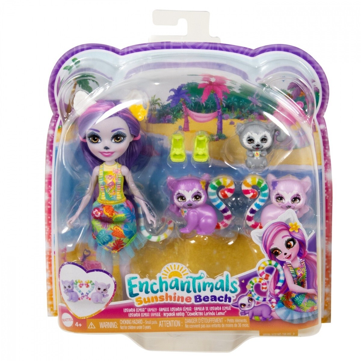 Mattel HRX86 - Enchantimals - Sunshine Beach - Puppe mit Zubehör und Tierfreund, Lorinda Lemur Familie 254128