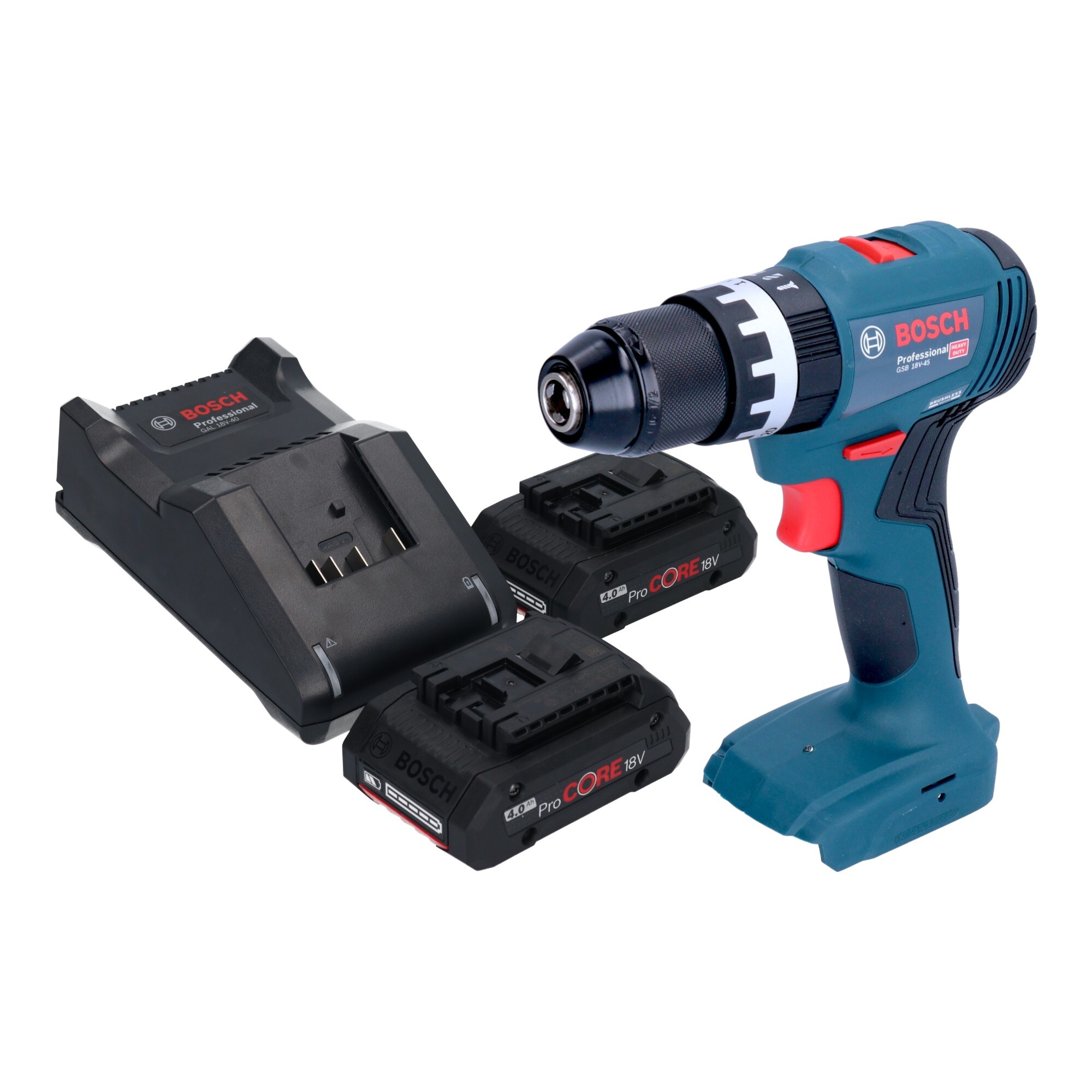 Bosch GSB 18V-45 Profesionálna akumulátorová príklepová vŕtačka 18 V 45 Nm bez kefiek + 2x akumulátor ProCORE 4,0 Ah + nabíjačka
