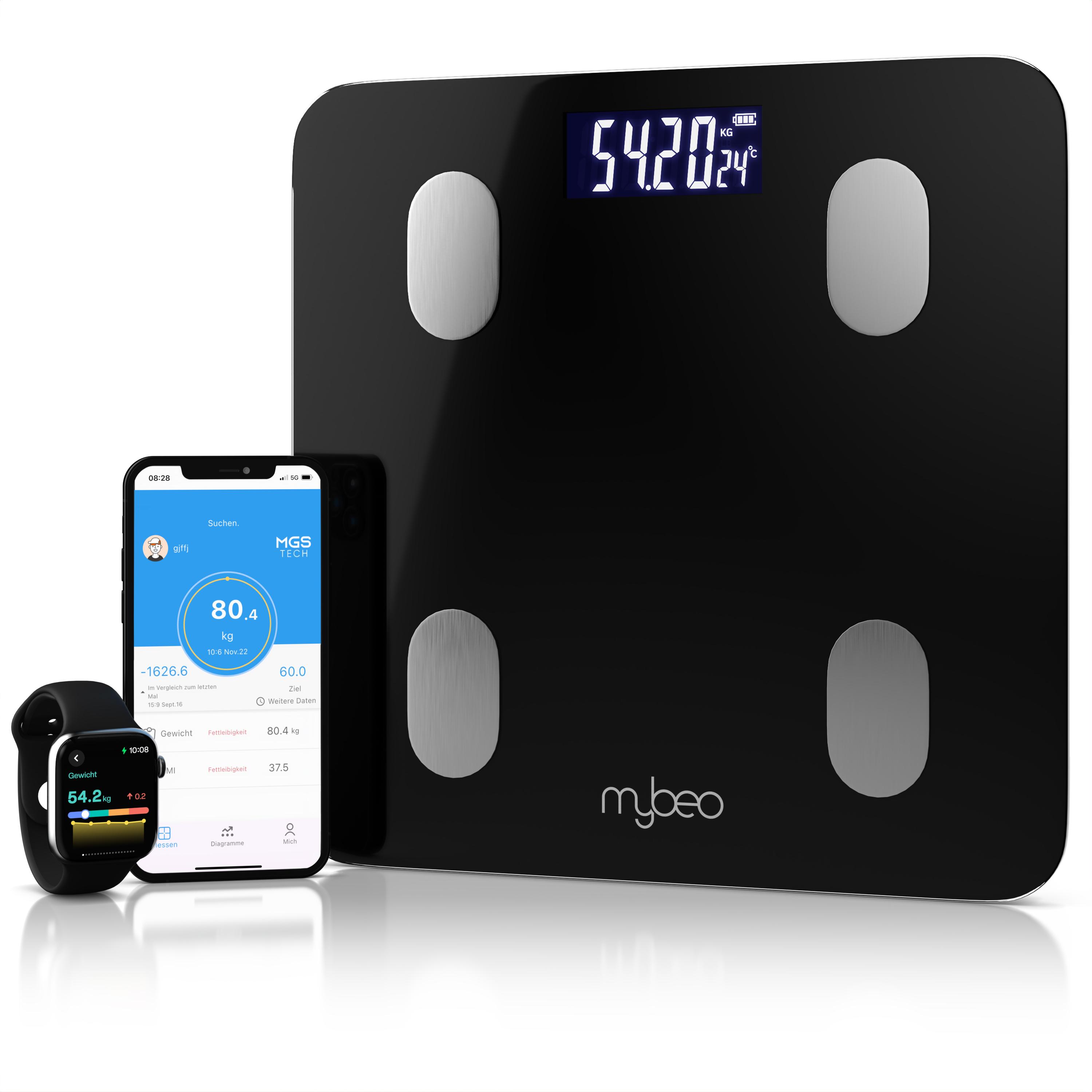 MyBeo Personenwaage, digitale Körperfettwaage mit App, Bluetooth, bis 180 kg, BIA-Analyse, 6 mm Glas, Gewicht, BMI, Fettanteil, Muskelmasse, OKOK International 307793
