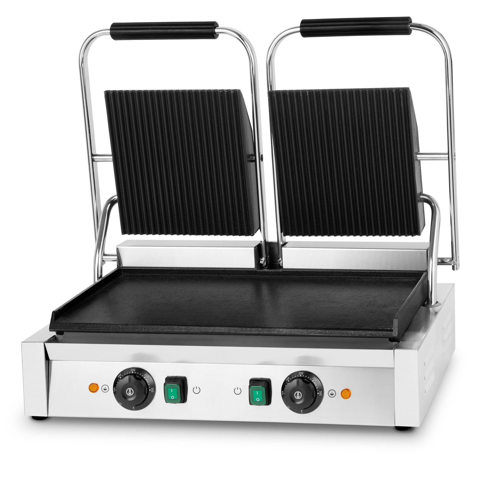 Kontaktný gril VERTES dvojitý, liatinová grilovacia doska hore s drážkami, dole plochá, 3600 W Gastro Multigrill na chlieb, mäso, zeleninu, sendviče