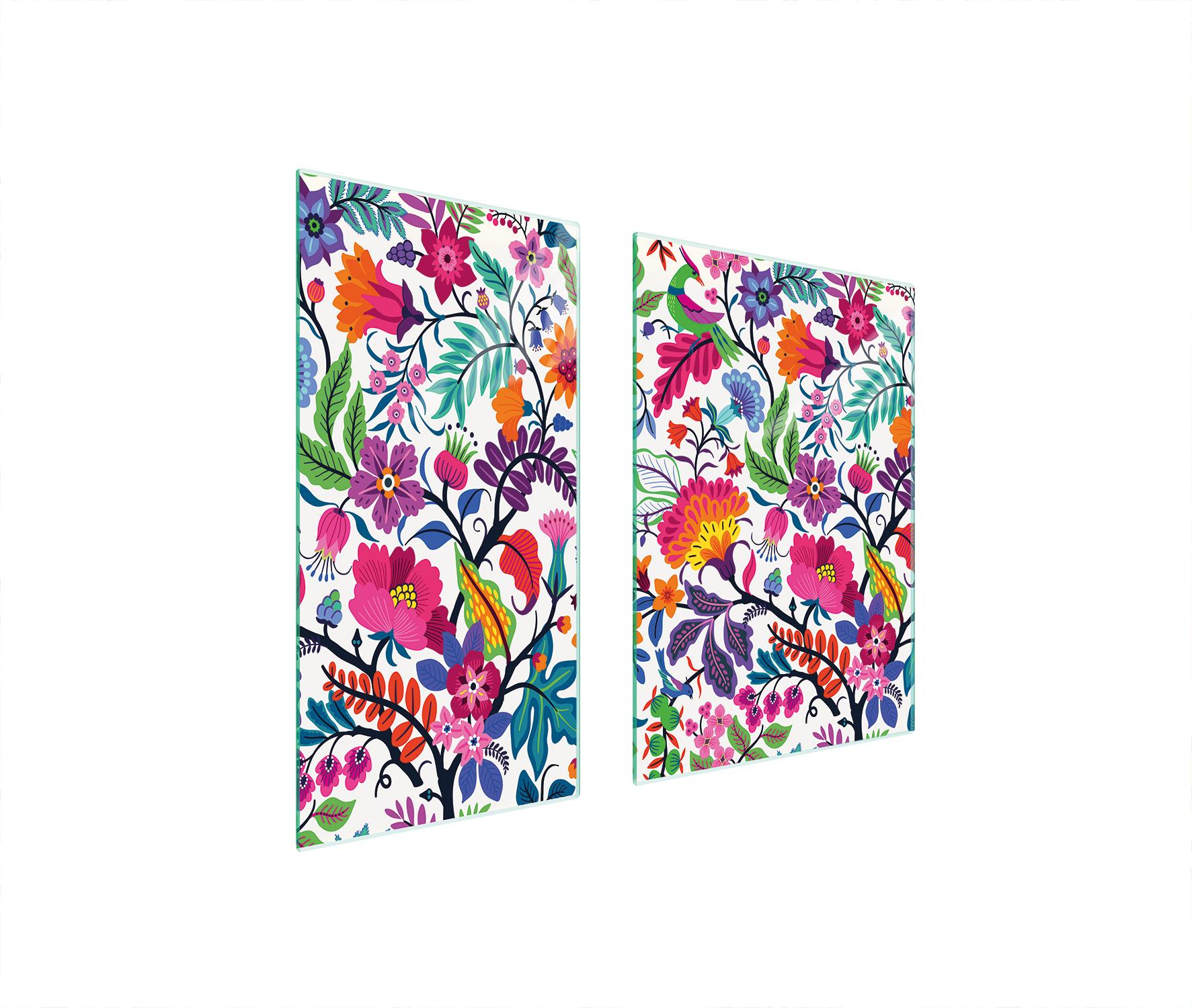 TMK ArtDeko Herdabdeckplatten 2 teilig 75x52 Ceranfeld Abdeckung Glas Schneidebrett Blumen Bunt
