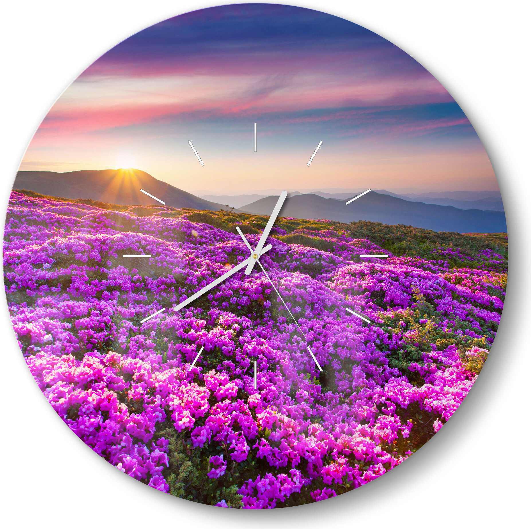 DEQORI Glasuhr Ø50 cm Modern 'Magische Bergwiese' Wanduhr Glas Uhr Design leise WC-D50-M-2075