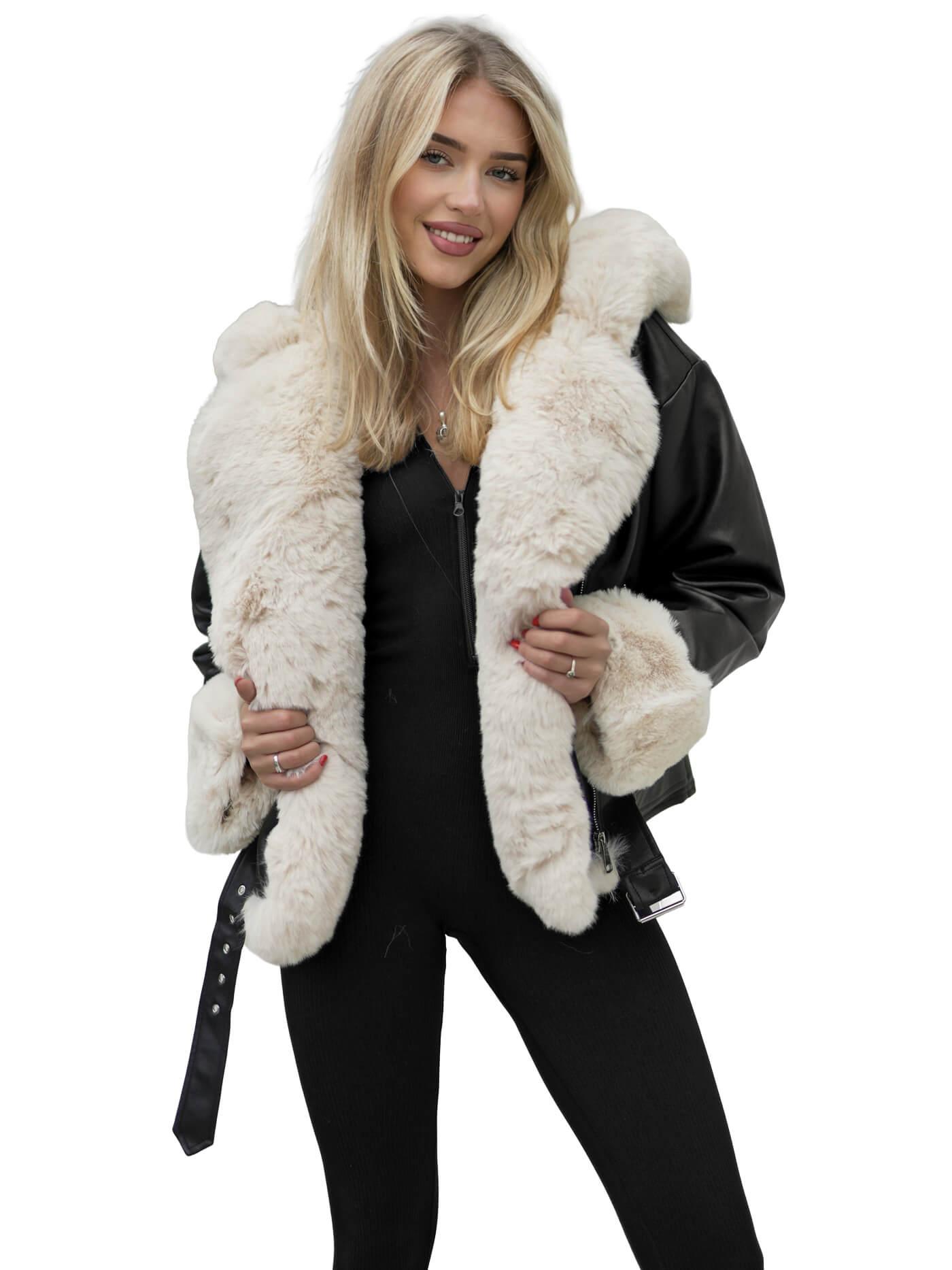 Damen Lederjacke Schwarz-Beige OZONEE JS/61M8506/392B L