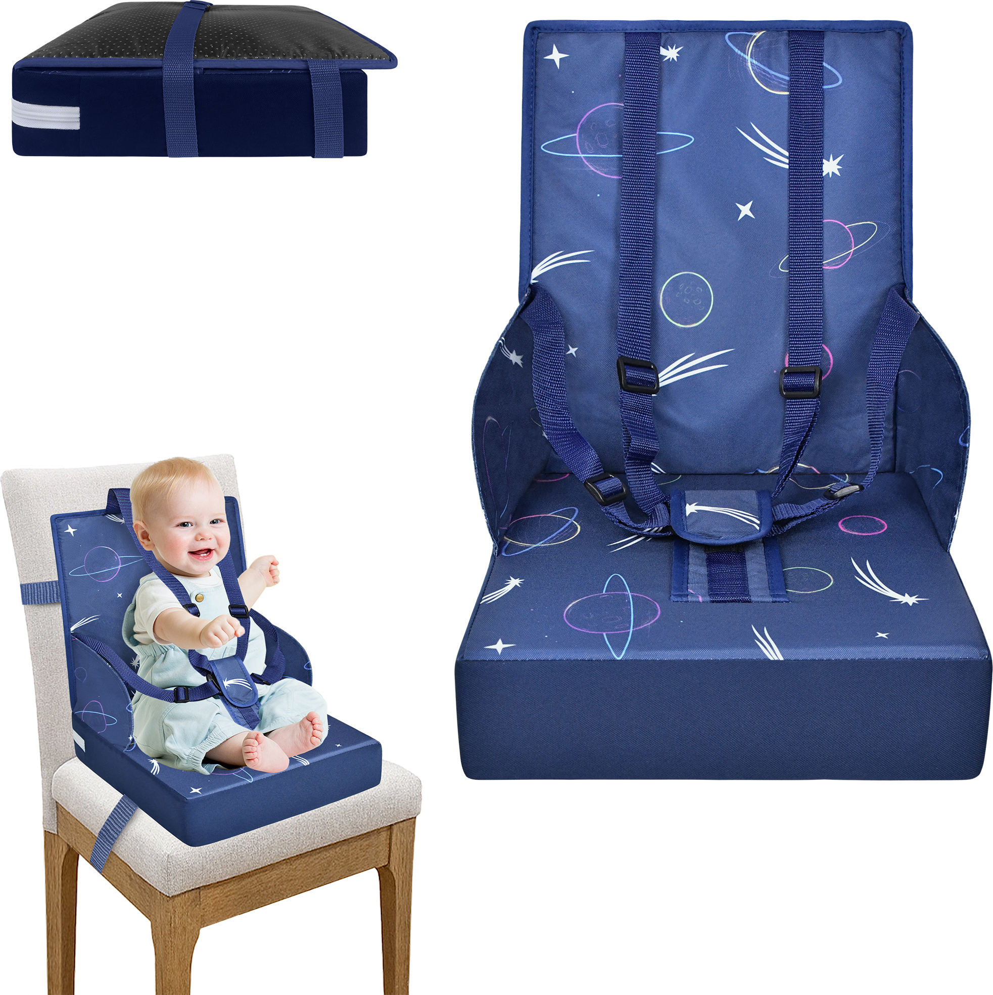 UISEBRT Kinder Sitzerhöhung Baby Boostersitz Faltbar Kindersitz mit Rückenlehne & verstellbaren Dreipunktgurt für zuhause und unterwegs, Blau