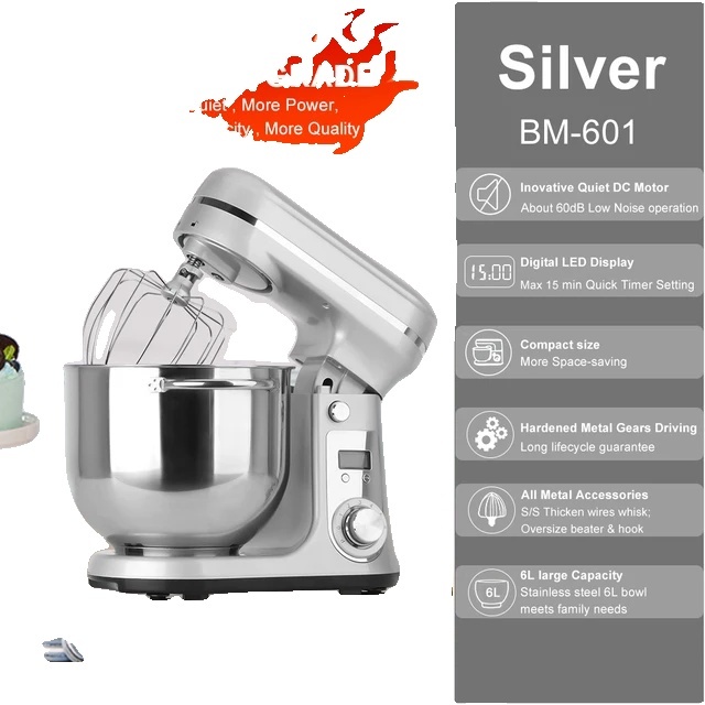 Kuchynský stojanový mixér, objem 6 l, tichý 1200W motor, misa z nehrdzavejúcej ocele, 6 l strieborná BM-601, EÚ