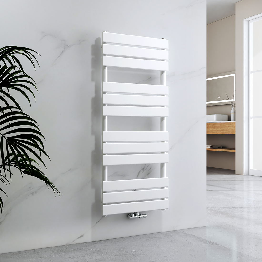EMKE Plochý kúpeľňový radiátor Sušič uterákov Ohrievač uterákov 120 x 50 cm 555 Watt White Design Centre pripojenie Vykurovanie