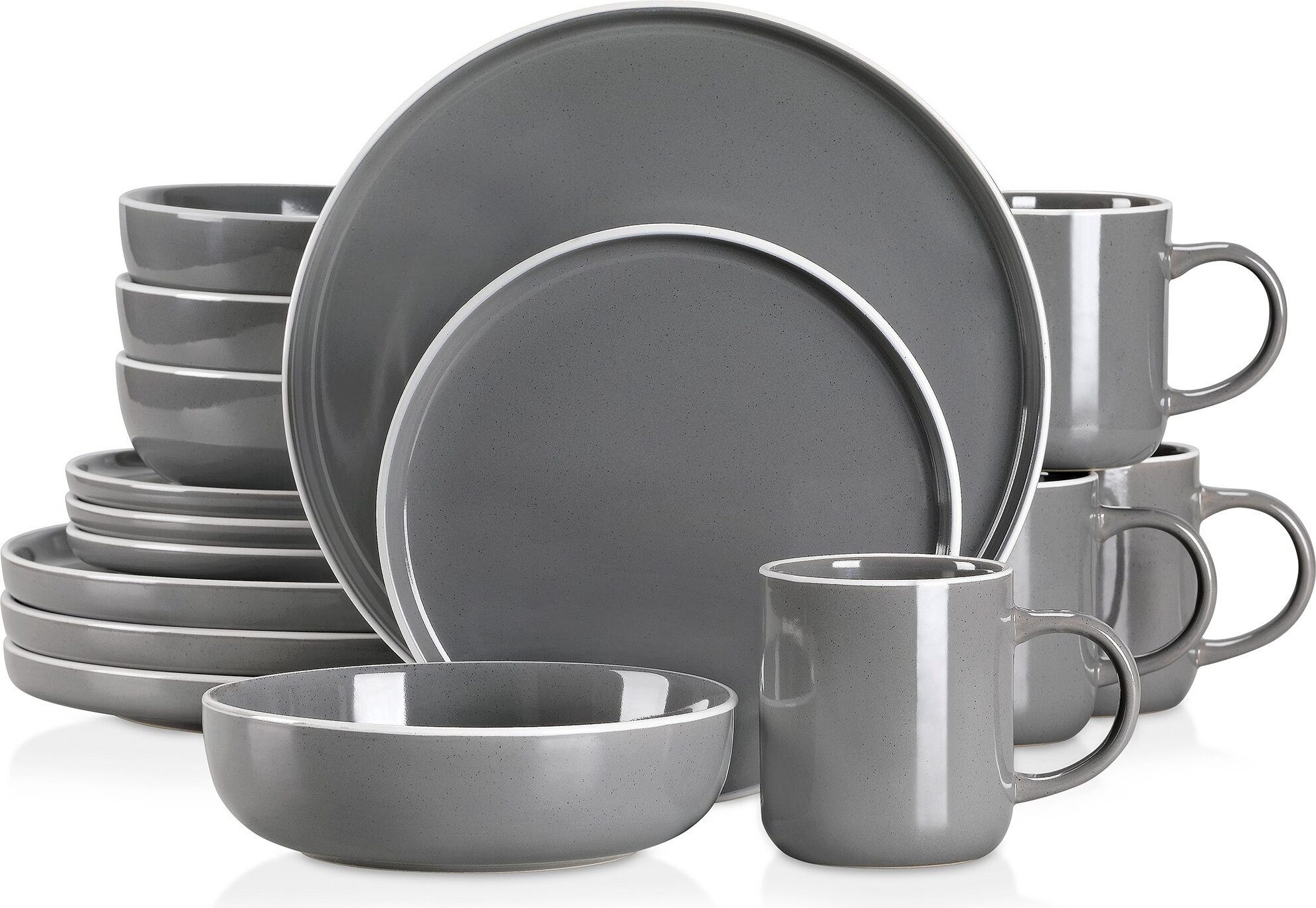 Tafelservice Steingut, vancasso SESAM Geschirr-Set, 16-tlg Kombiservice, mit Kuchentellern, Flachtellern, Becher und Schalen für 4 Personen VC-SESAM-DG-SL-W