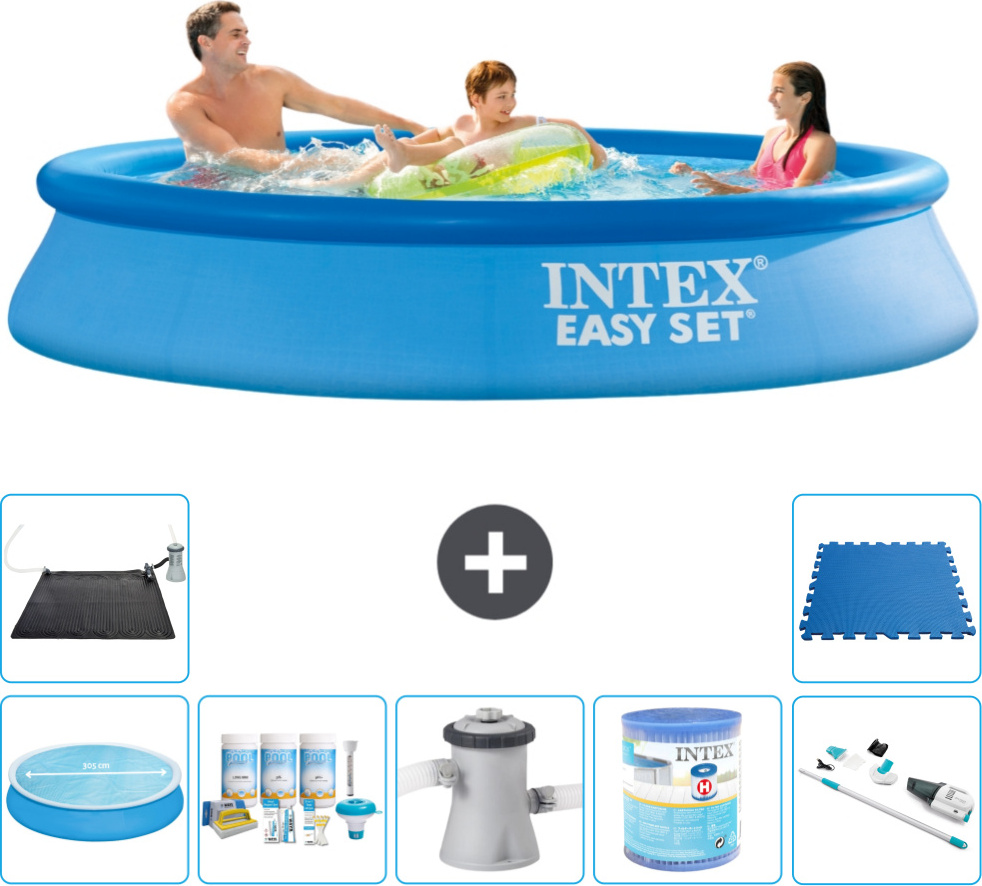 Okrúhly nafukovací bazén Intex Easy Set - 305 x 61 cm - modrý - obsahuje markízu - balík na údržbu - filtračné čerpadlo pre bazén - filter - vysávač - solárna podložka