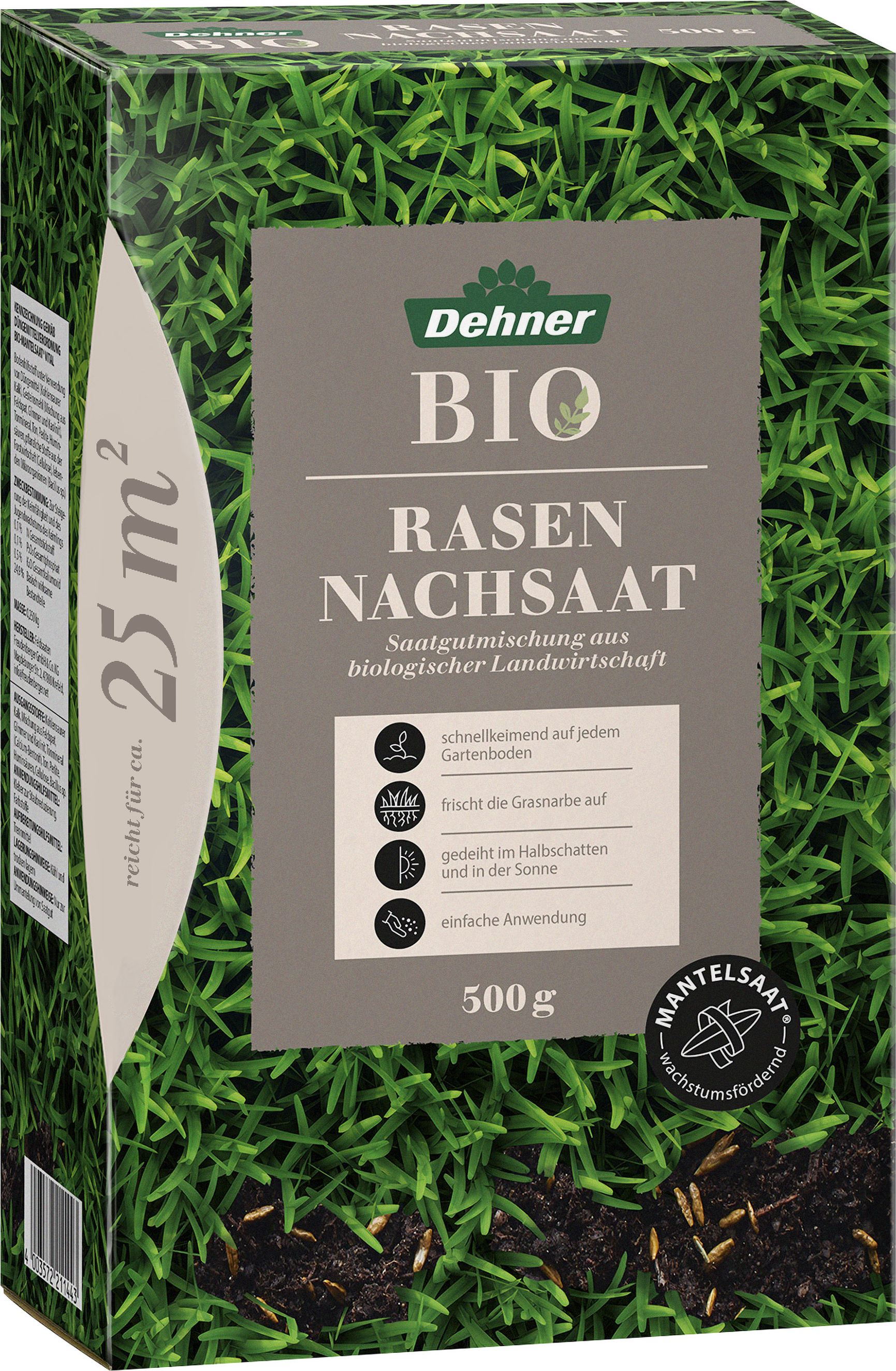 Dehner Bio Saatgut Rasen-Nachsaat, hochwertige Saatgutmischung, raschwüchsig / schnellkeimend, 500 g, für ca. 25 m² 5802616