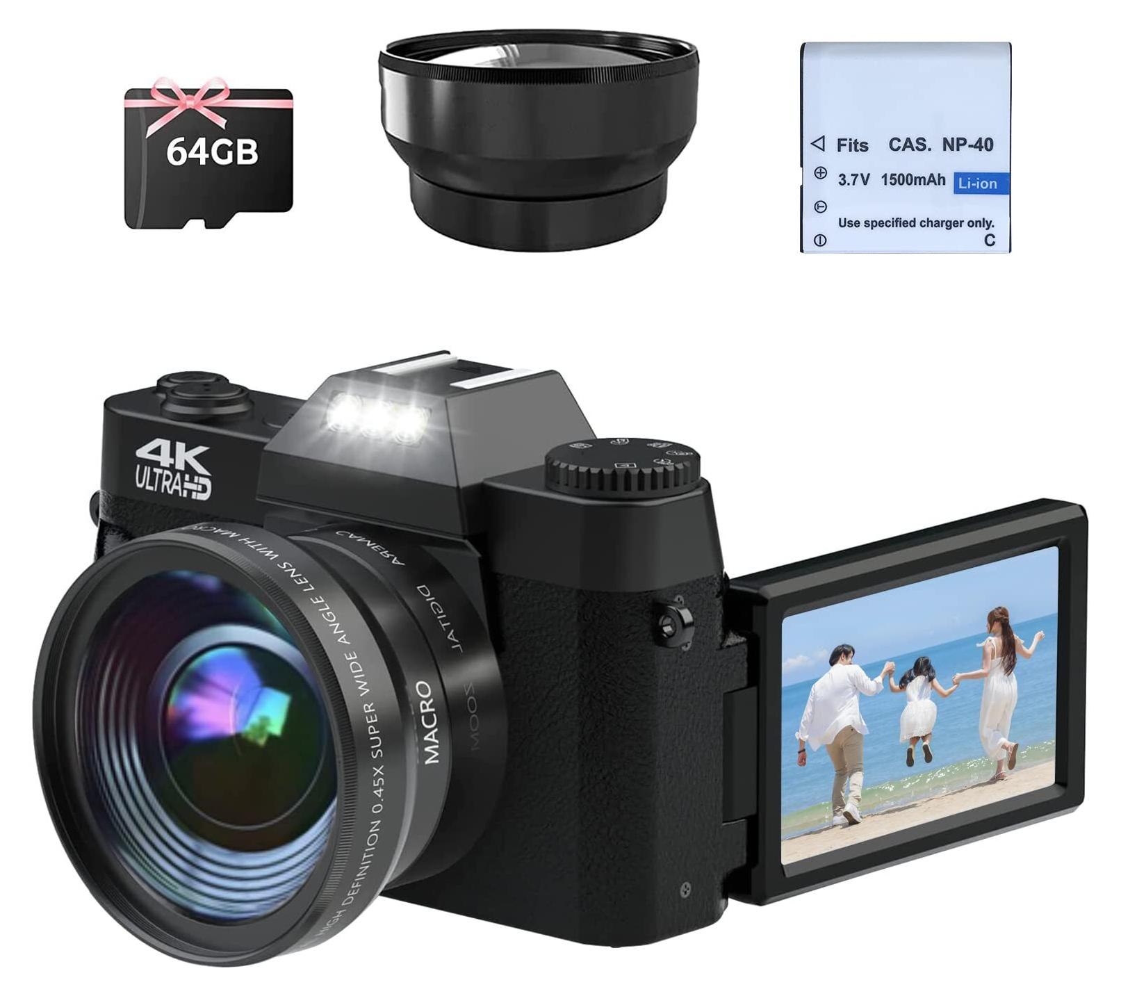 OKA gute Qualität Digitalkamera 4K, 48MP 16X Autofokus Digitalzoom Fotokamera, 3 Zoll 180° Flip LCD Screen HDMI Kompakte Vlog Kamera ,WLAN, 1500 mAh Akkus, 32GB Karte