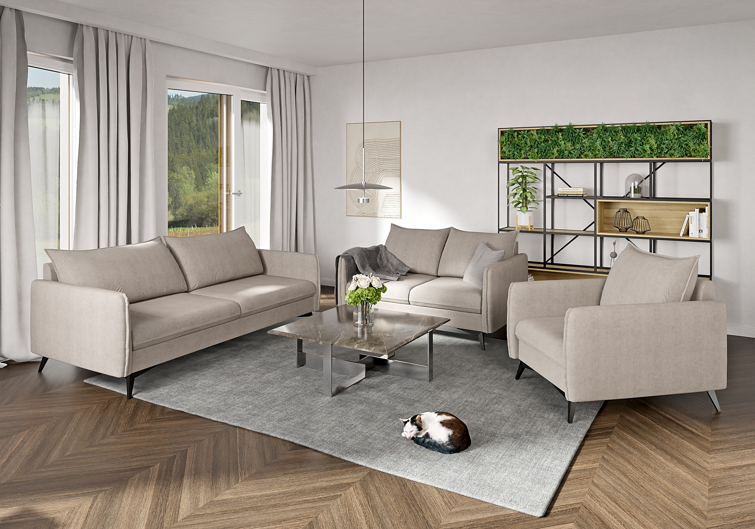S-STYLE MÖBEL - Helix - Moderne Polstergarnitur 3+2+1 mit Schwarz Metall Füßen aus Beige Luxusmikrofaser, B/T/H: 3er - 199 cm / 91 cm/ 86 cm SZ1019