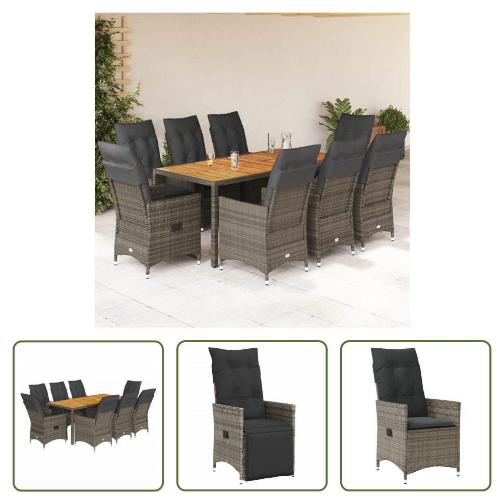 The Living Store 9-dielny záhradný jedálenský set s vankúšmi sivý polyratan