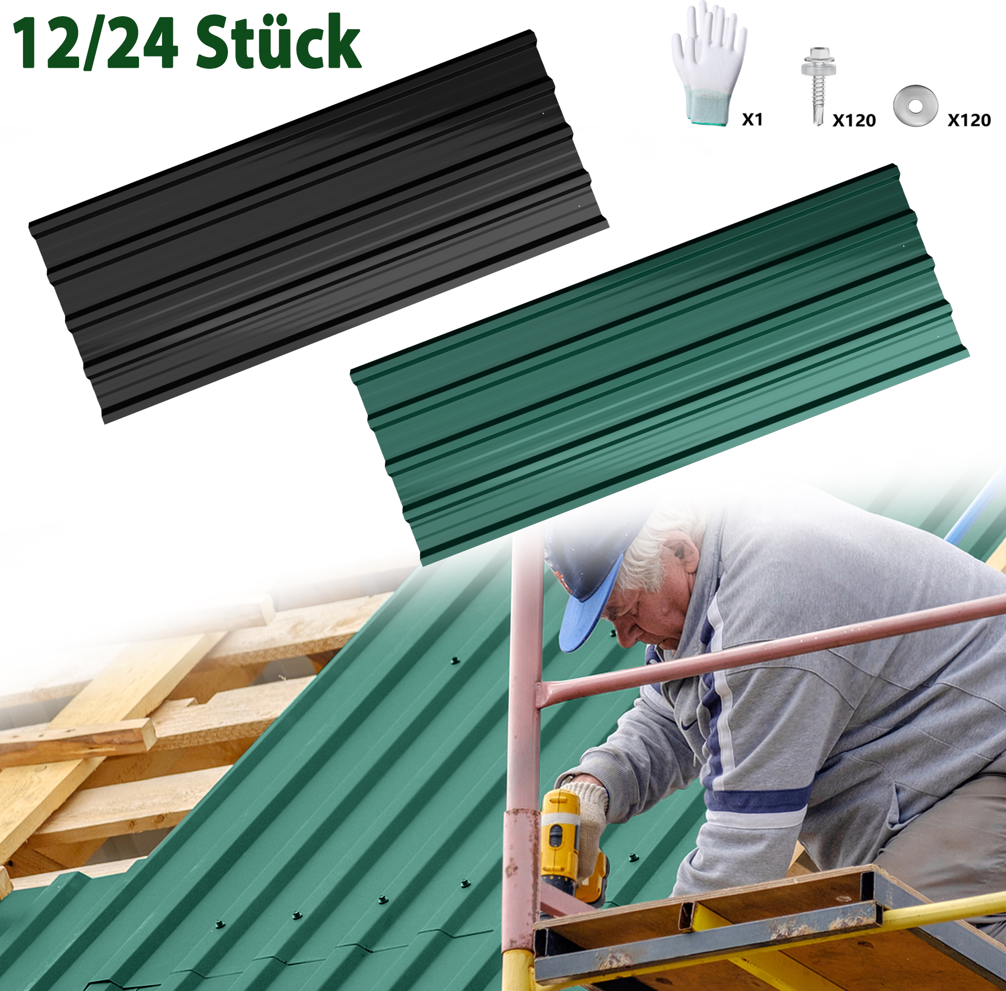 ACXIN 12 kusov vlnitých strešných plechov z pozinkovanej ocele 129,5x45 cm, trapézový profilovaný plech 7 m² pozinkovaný, strešné plechy odolné proti poveternostným vplyvom pre garážový záhradný prístrešok, čierny