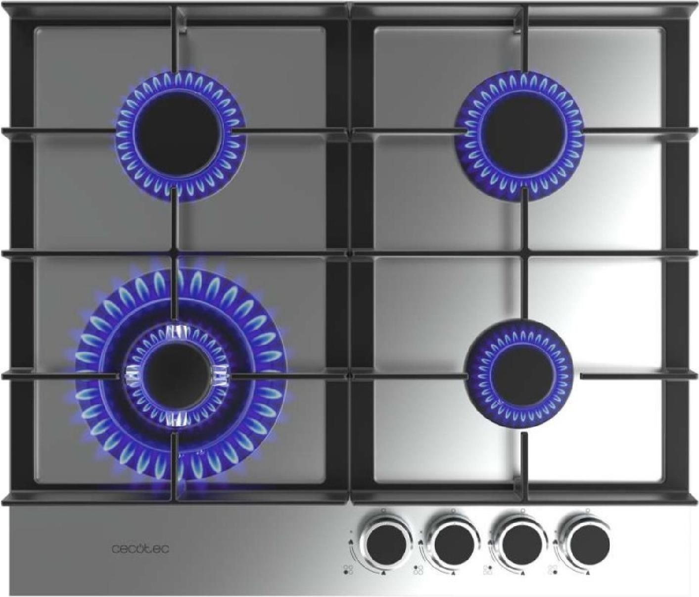 Plynová varná doska Cecotec 4 horáky Bolero Squad G 4400F Inox. 8 kW, nerezová oceľ, liatinové rošty, trojitý horák WOK