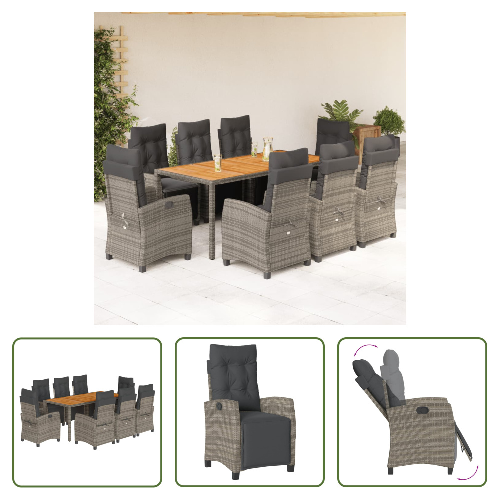 The Living Store 9-dielny záhradný jedálenský set s vankúšmi sivý polyratan