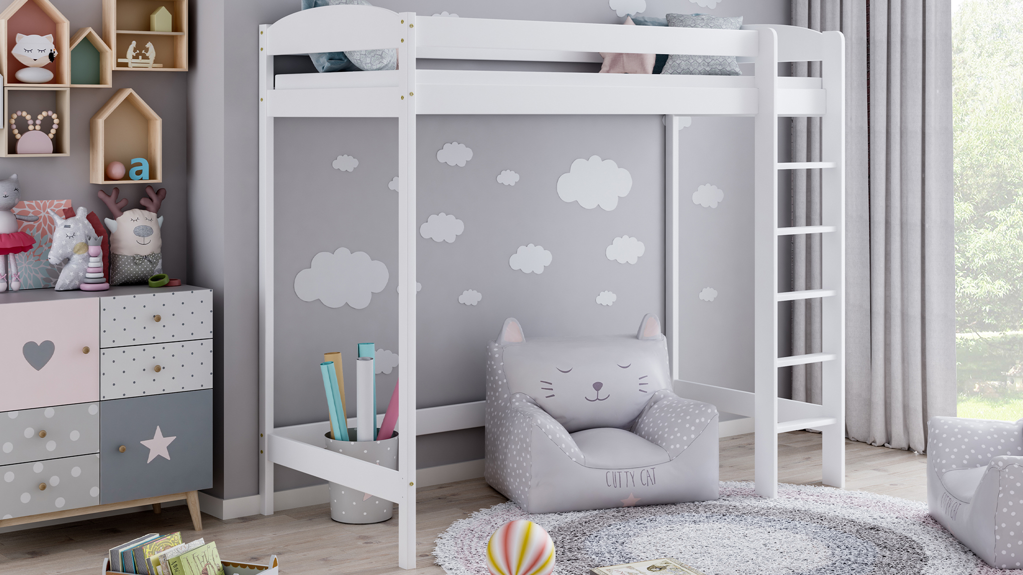 Hochbett 180 Kinderbett aus Kiefernholz für Mädchen und Jungen, 80 x 180 cm, Höhe 180 cm, Meble Wróbel, Weiß Image