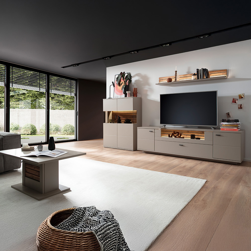 Lomadox Wohnzimmer-Set 4-teilig LIEZEN-05 in grau mit Eiche inkl. Beleuchtung LA05-LIEZEN-05-SET13