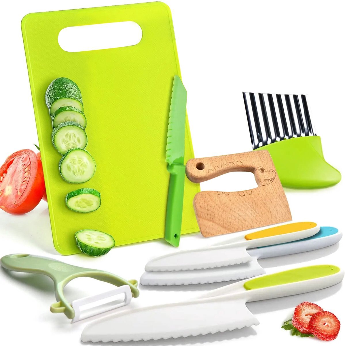 VATESI Kindermesser 8-teiliges Set – Sichere Messer für Kinder – Kinderbesteck – Kindermesserset mit Schneidebrett
