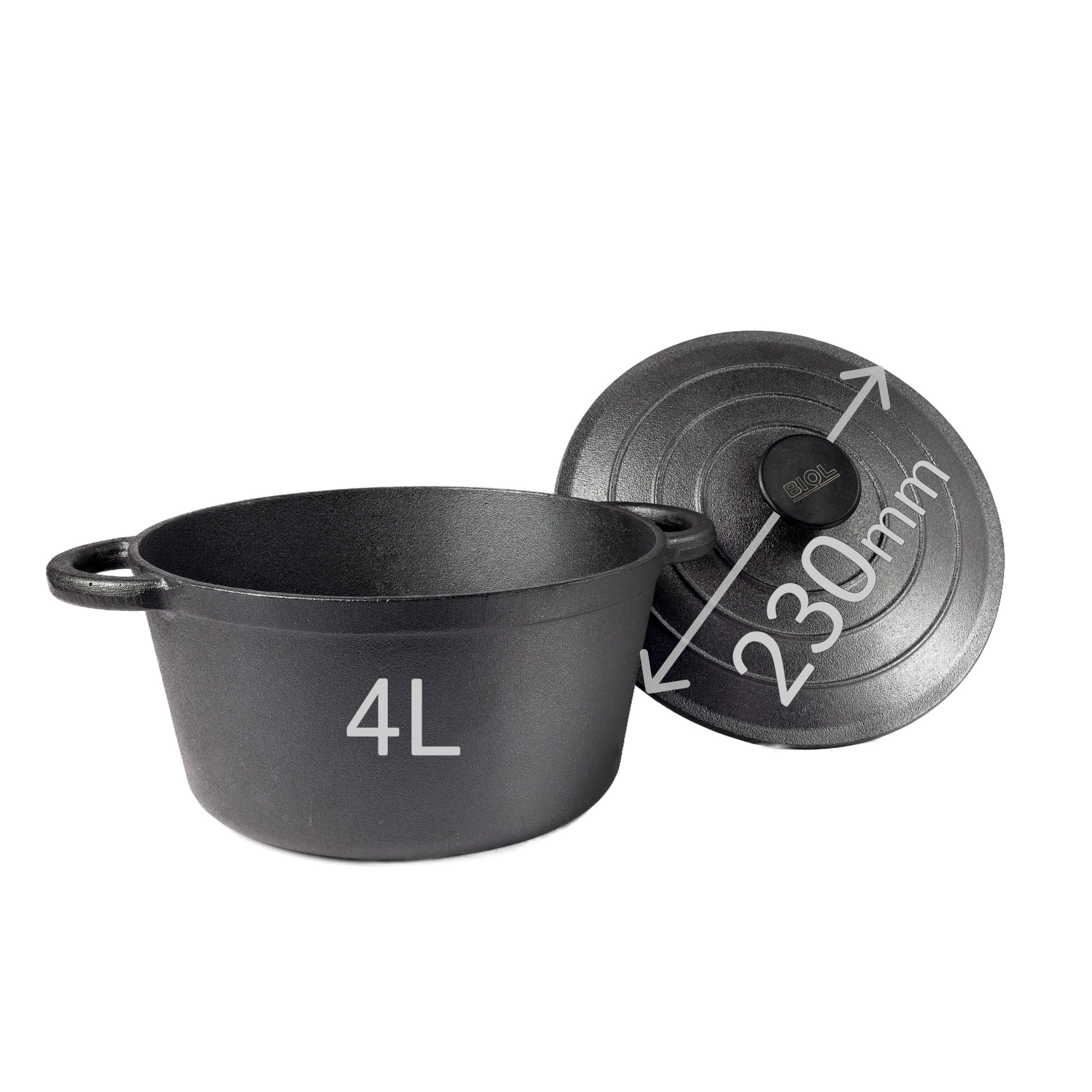 BIOL Gusseisen Topf mit Deckel Ø 23 cm 4L für Küche Backen Schmoren Braten Antihaftwirkung für alle Herdarten geeignet CC04