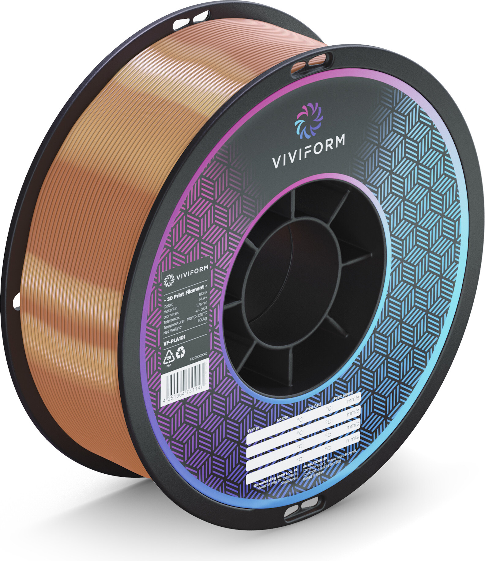 viviform.com Viviform silk PLA Filament für 3D Drucker, 1kg Rolle, Durchmesser 1,75mm +/- 0,03mm, Kupfer metallic VF-PLA503