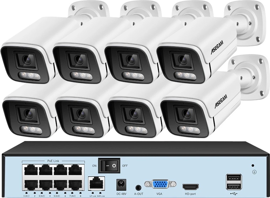 8MP bezpečnostný kamerový systém, detekcia pohybu, vodotesné vyhotovenie IP67, 8CH NVR a 8 kamier, žiadne