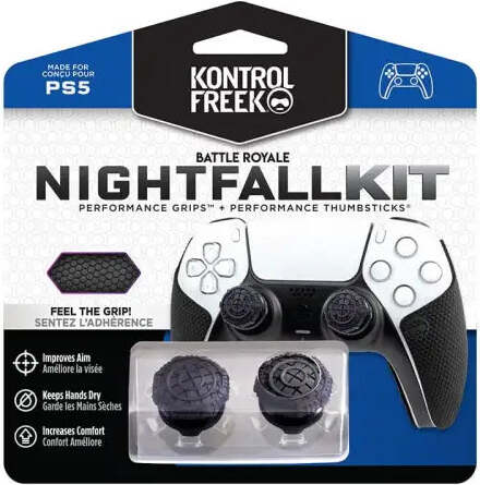 Vrátane príslušenstva Kontrolfreek Performance Nightfall Kit PS5 s vymeniteľnými tlačidlami a úchytmi pre DualSense