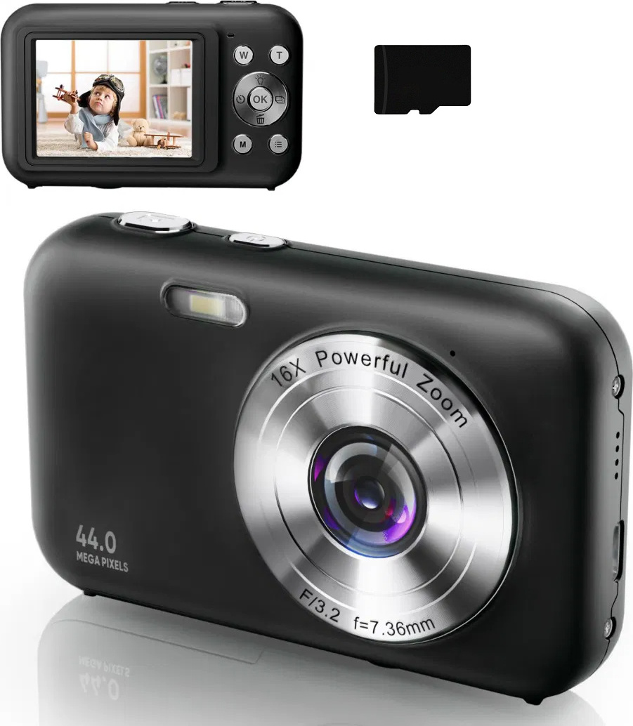 INF Digitálny fotoaparát 1080P 44MP 16x zoom 2,4-palcový displej, 32GB karta čierna