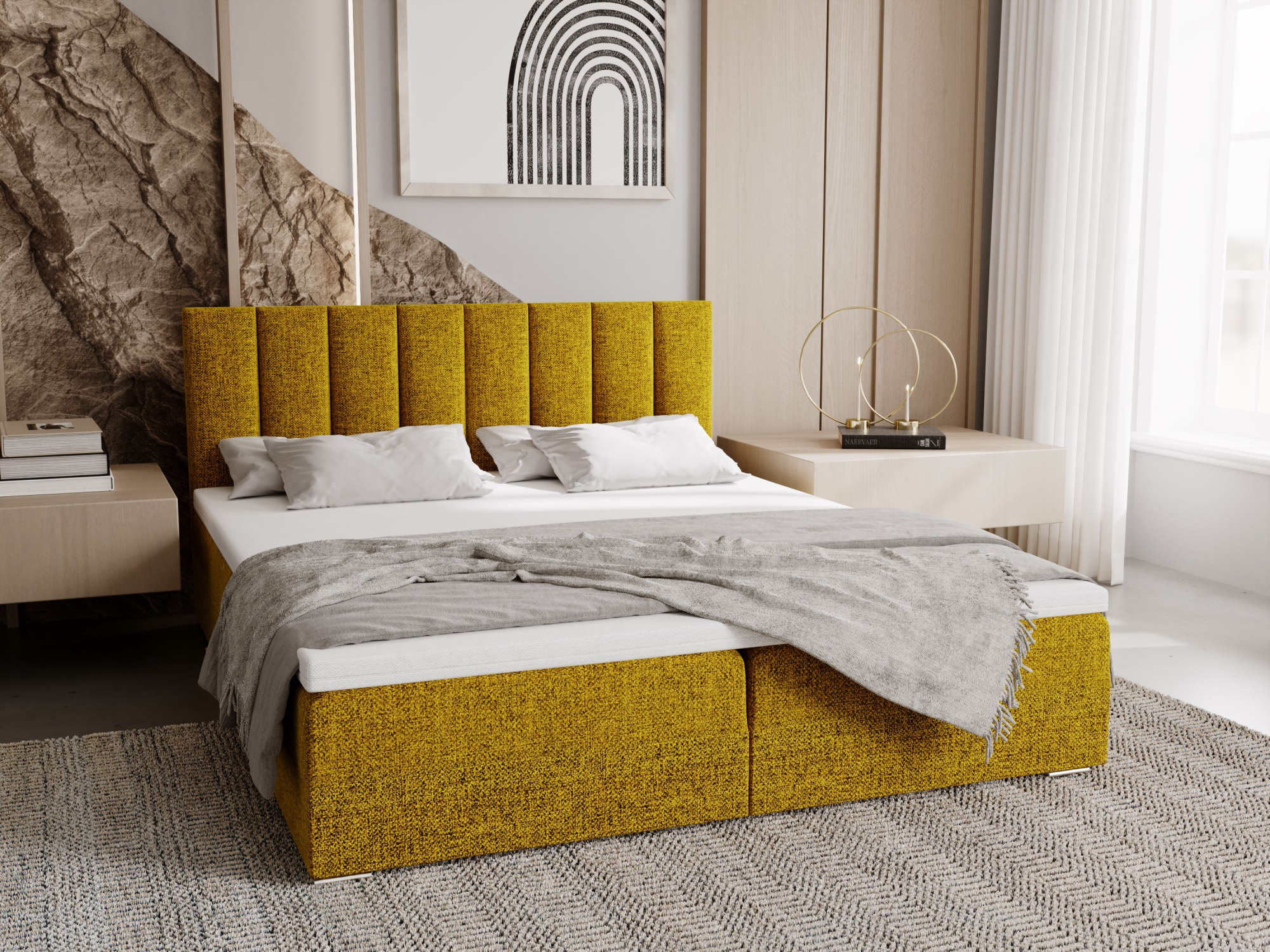 Čalúnená posteľ 140x200 ELSIE 4 s úložným priestorom - horčicová