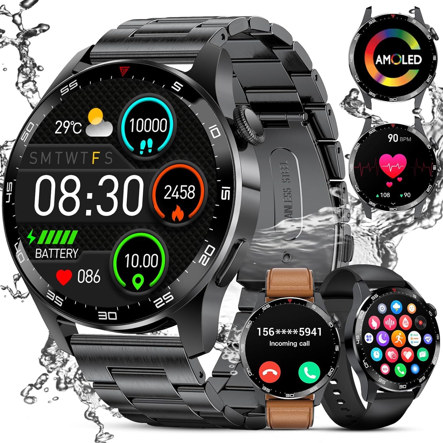 FEELNEVER Herren Smartwatch mit Telefonfunktion, AMOLED Militär wasserdichte mit Herzfrequenz-Schlafmonitor SpO2, 100+ Sportmodi Fitnessuhr