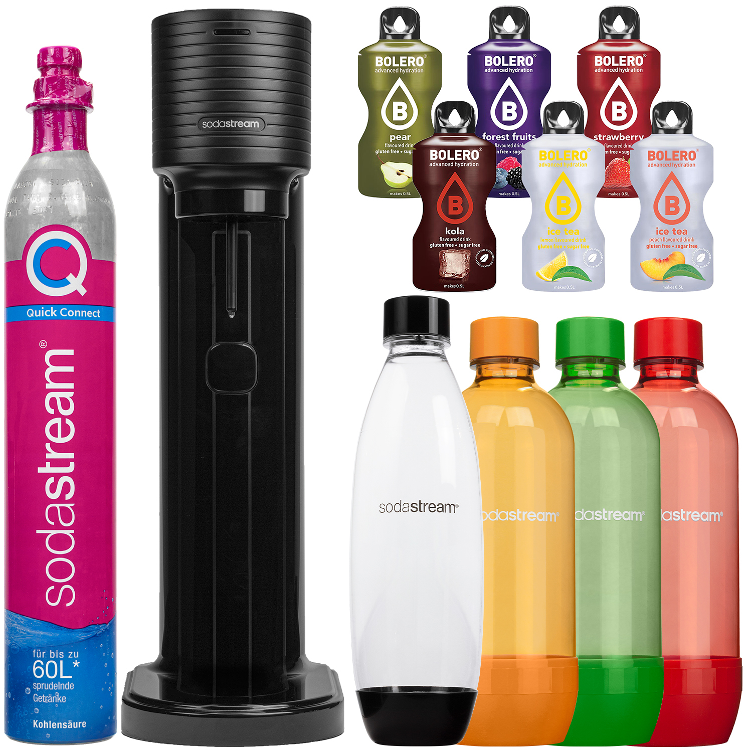 Výrobník perlivej vody SodaStream Gaia Titan + 4 fľaše, zelená/čierna/oranžová/červená, 1 l + Bolero