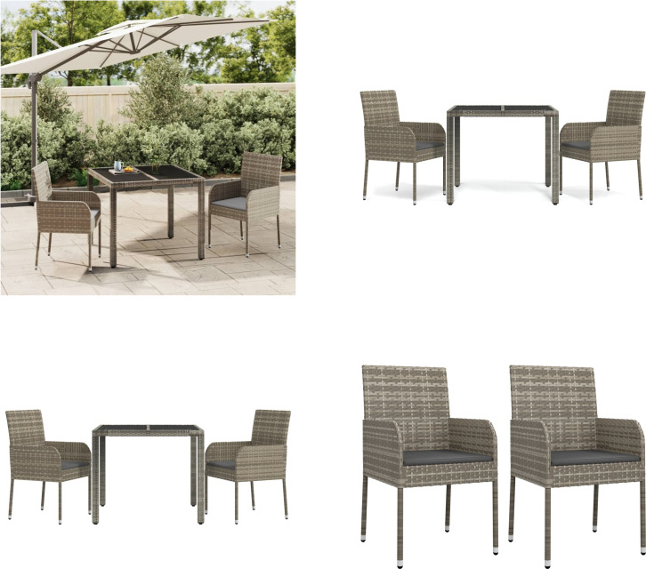 vidaXL 3 ks záhradný jedálenský set s vankúšmi sivý polyratan - Záhradný jedálenský set - Záhradné jedálenské sety - Jedálenský set - Jedálenský set terasa