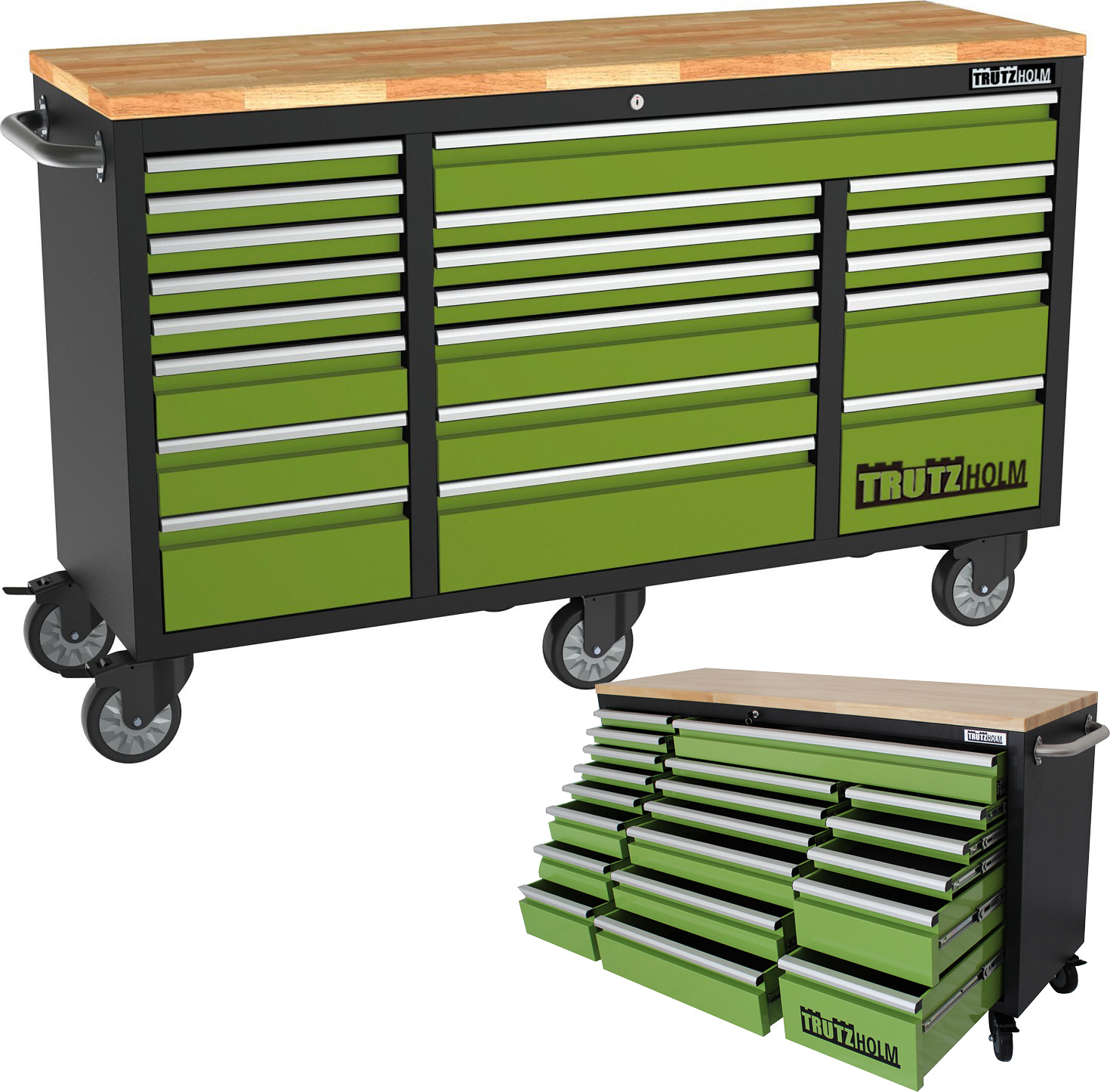 Werkstattwagen Deluxe XXL grün unbestückt 160x91 cm 20 Schubladen Werkbank Sideboard