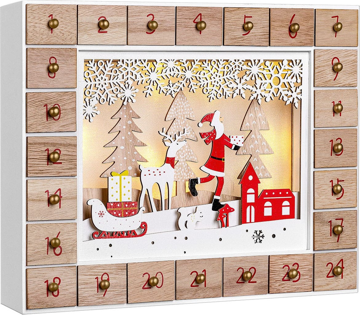 Spielwerk® Adventný kalendár, ktorý si môžete naplniť sami Udržateľný LED teplý biely 24 dverí Vianočný kalendár DIY drevo deti Opakovane použiteľné sane