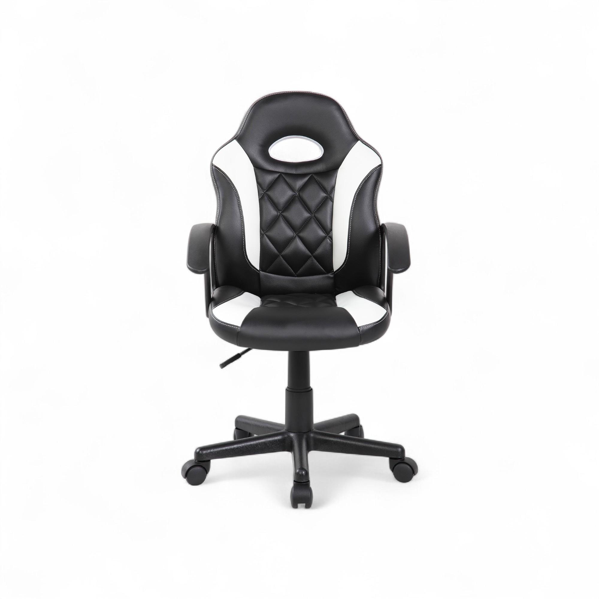 Gaming-Stuhl Kiwari® Klaus, ergonomisch, PU+PVC, Holzrahmen, feste Armlehnen, höhenverstellbar, Nylonfuß, leise Rollen, Schwarz/Weiß