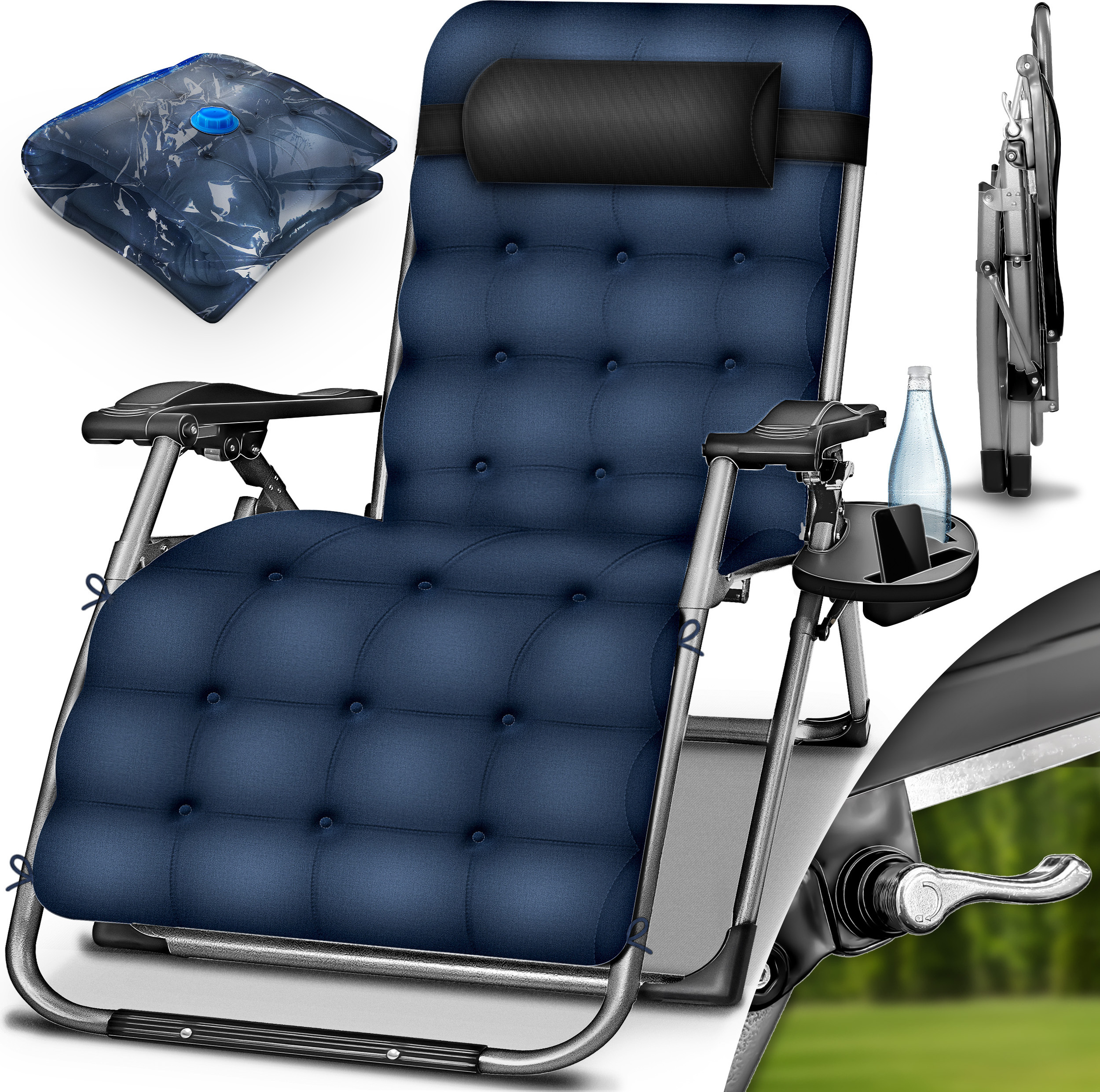 tillvex® ležadlo skladacie do 200 kg námornícka modrá | ležadlo odolné voči poveternostným vplyvom na balkón, záhradu a terasu | vonkajšie ležadlo nastaviteľné s hrubým vankúšom | relaxačné ležadlo s vankúšom na krk, držiakom na pohár a vankúšom