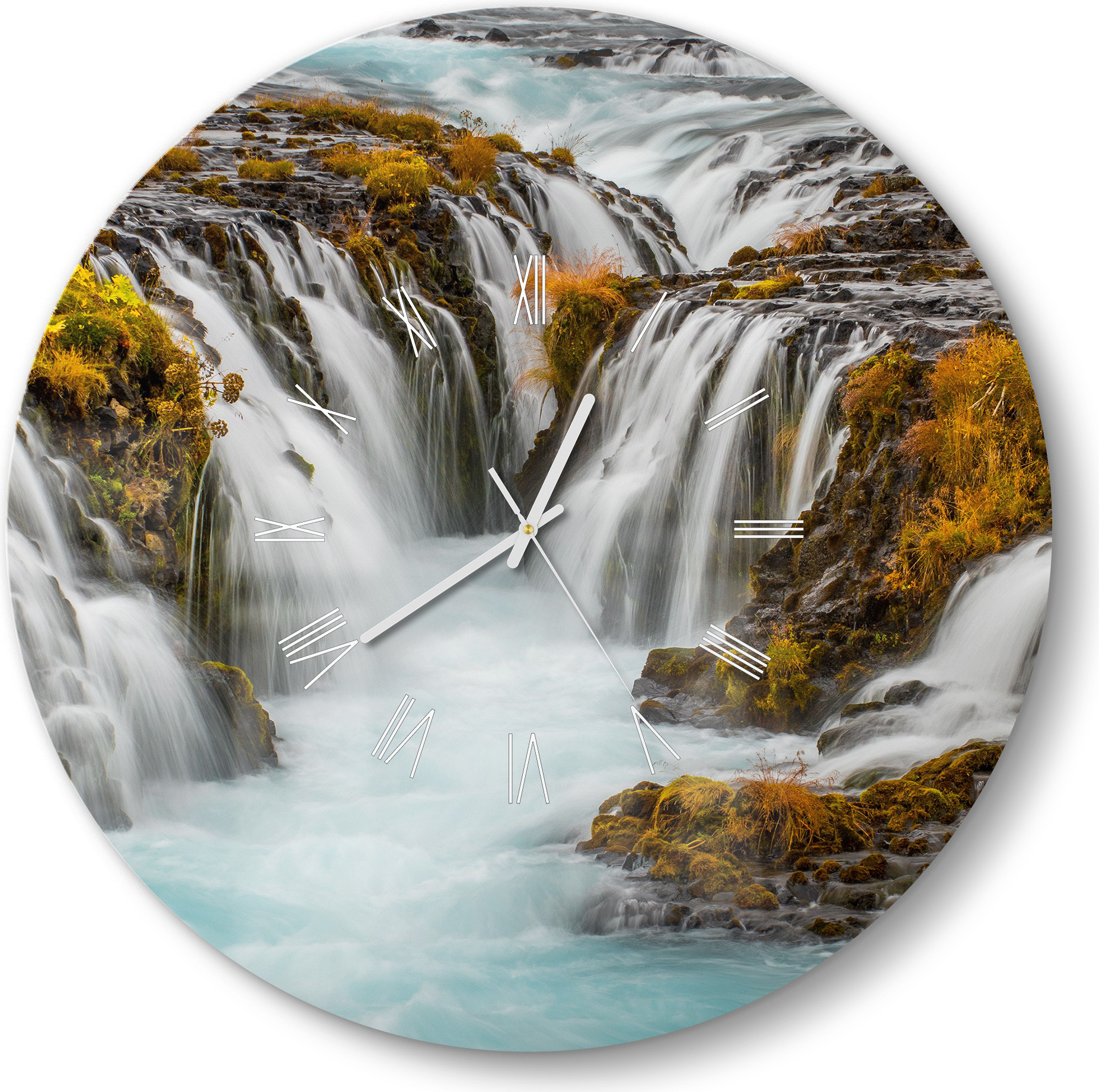 DEQORI Glasuhr Ø50 cm Römisch 'Herbstlicher Wasserfluss' Wanduhr Glas Uhr Design leise Küchenuhr WC-D50-R-2564