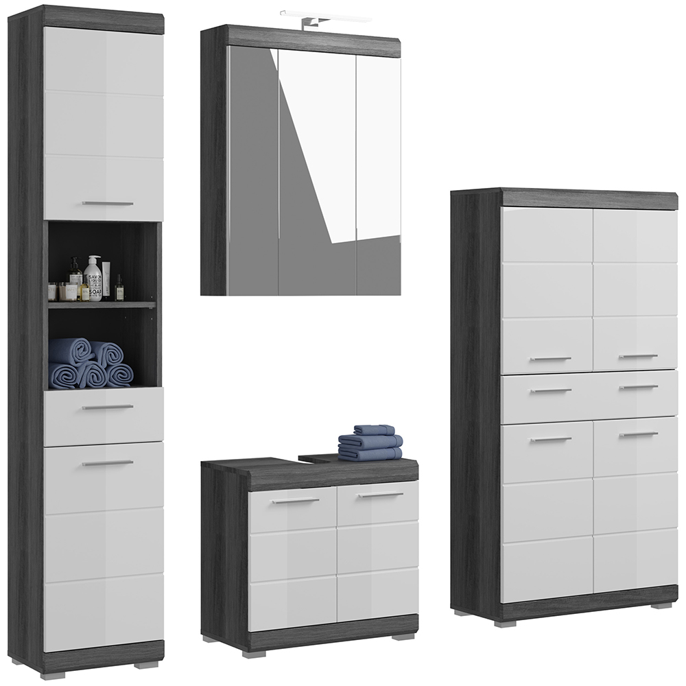 Lomadox Badezimmermöbel Set 4-teilig modern in Hochglanz weiß mit grau SIROCO-158 LA158-SIROCO-158-SET20