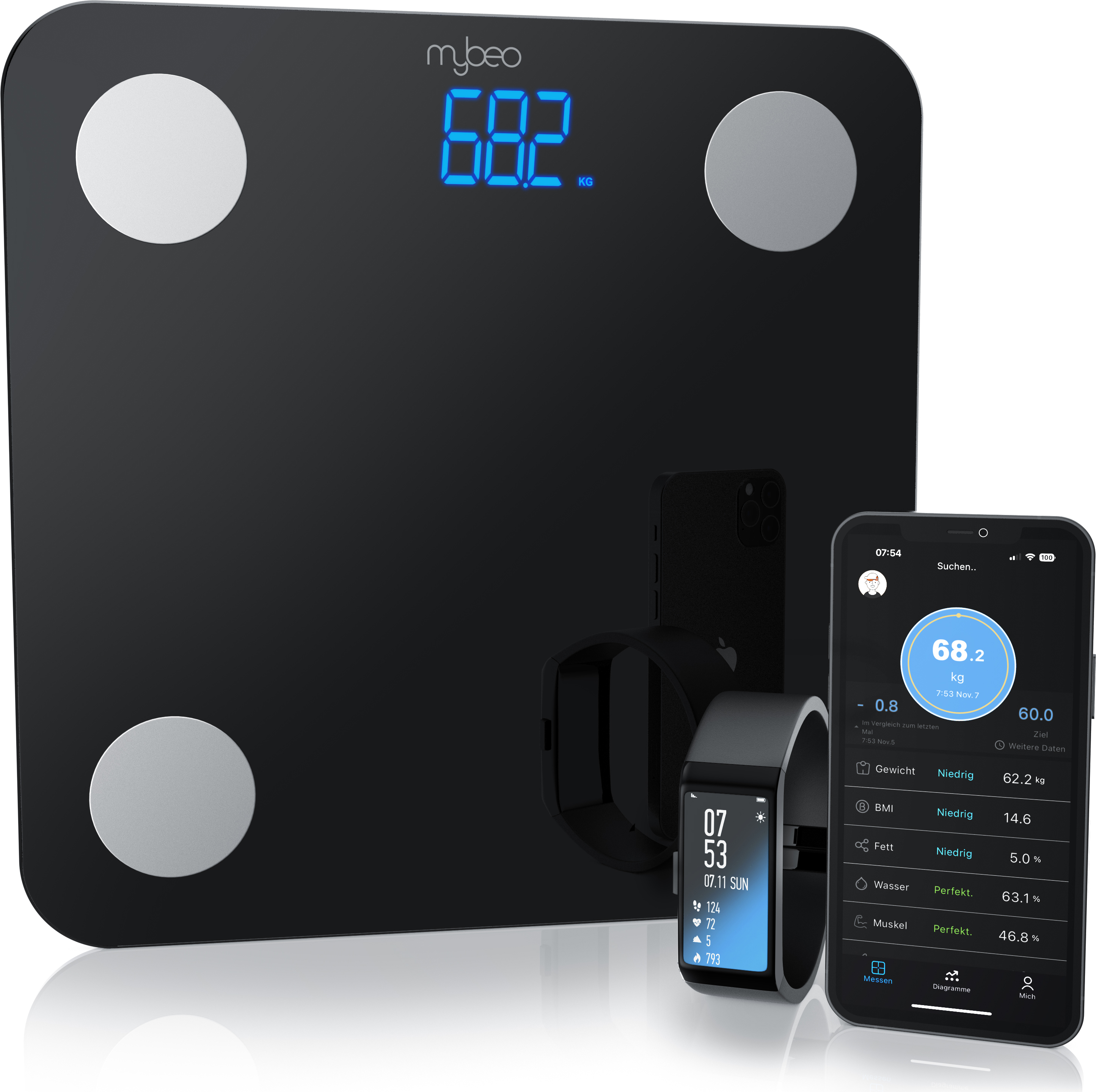 Mybeo Personenwaage digital, Körperanalysewaage, Smart Körperwaage, Körperfettwaage mit Bluetooth App-Steuerung, kompatibel mit Smartwatches, Fitnesstrackern 307348