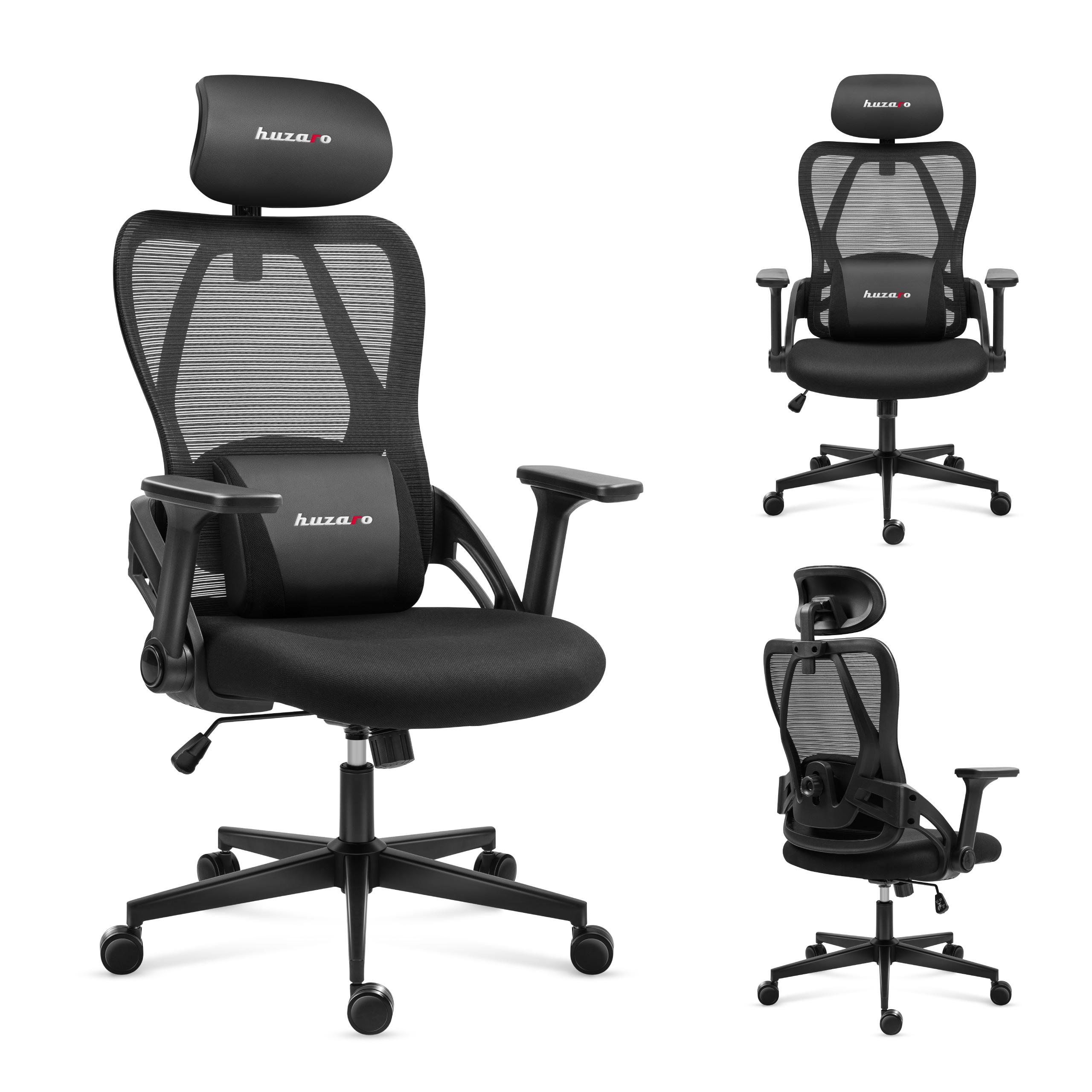 Gaming-Stuhl Huzaro Combat 2.7 Schwarz – ergonomisch, 3D-Armlehnen, verstellbare Kopf- & Lendenstütze, Stoff & Mesh