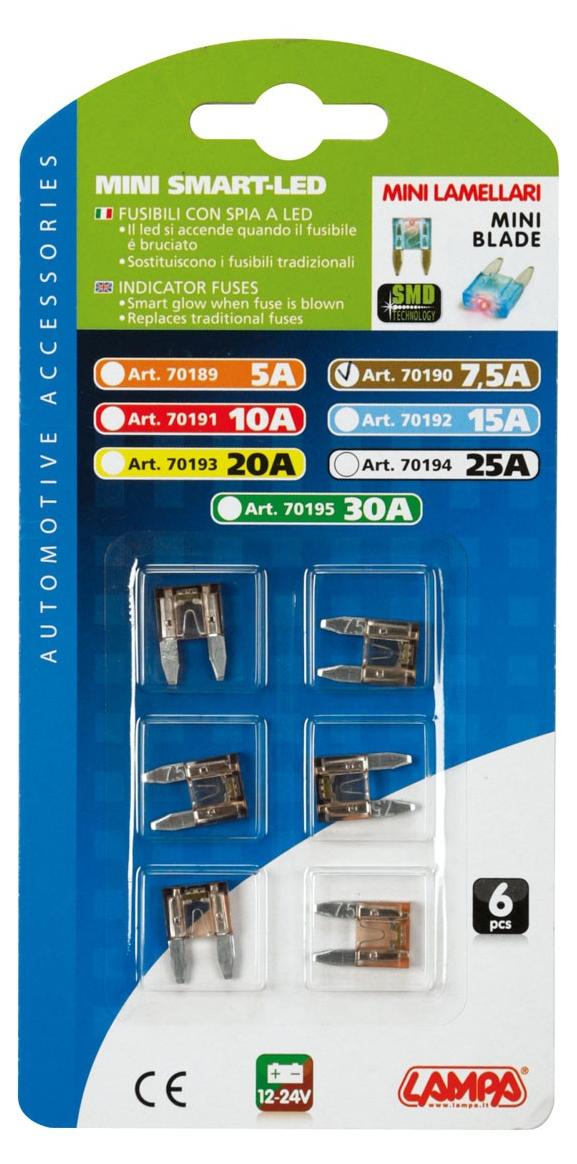 LAMPA Smart Led, Set 6 Mikro-Lamellensicherungen mit LED-Kontrollleuchte, 12/32V - Ausführung: 7,5A 70190